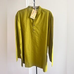 NWT FabIndia Men’s Kurta Lime 🍋‍🟩 Green Pistachio Zari Nehru Collar 100% Cotton